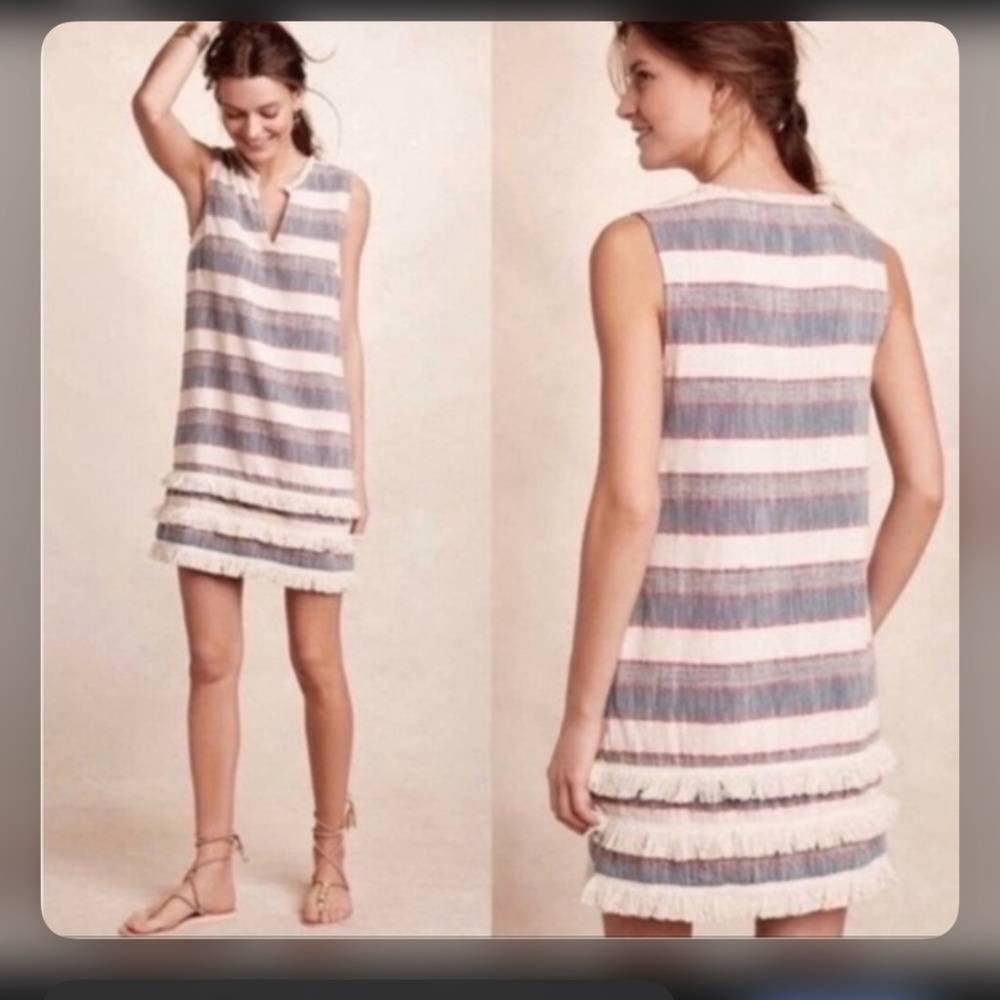 Anthropologie Blue and White Striped Fringe Shift Dress